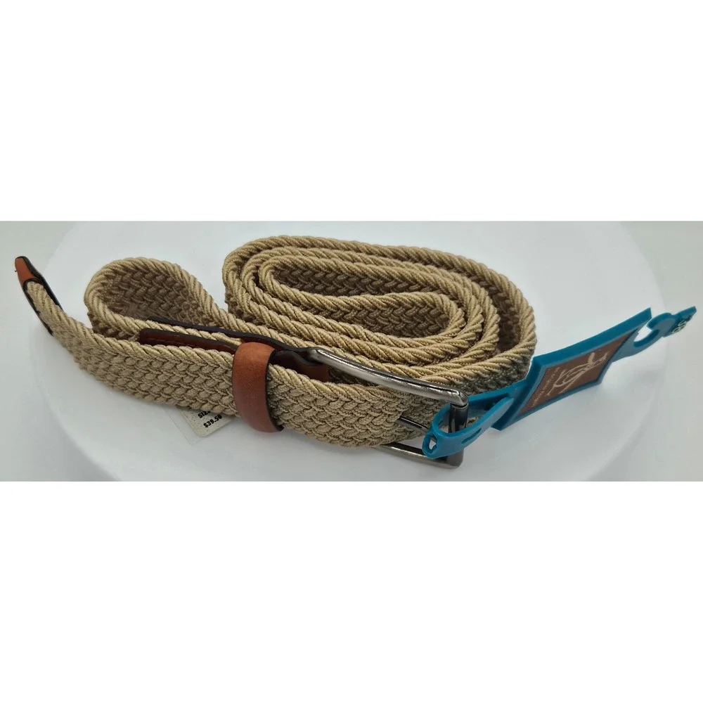 Original Penguin Mens Braided Elastic Stretch Belt Tan Leather Brown Trim Sz 38